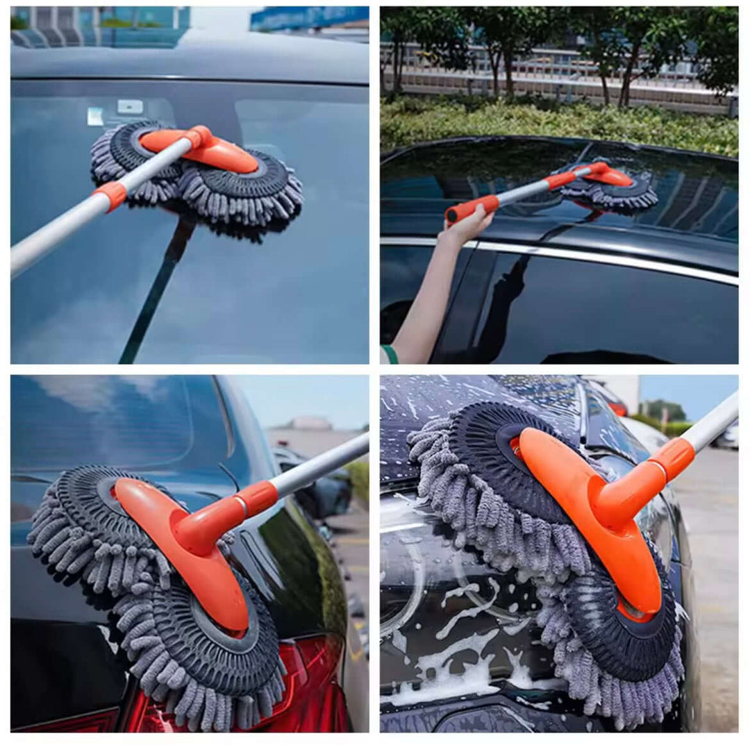 "Biltvättborste med teleskopiskt skaft och 180° roterande huvud, mjukt chenille-material för skonsam rengöring."