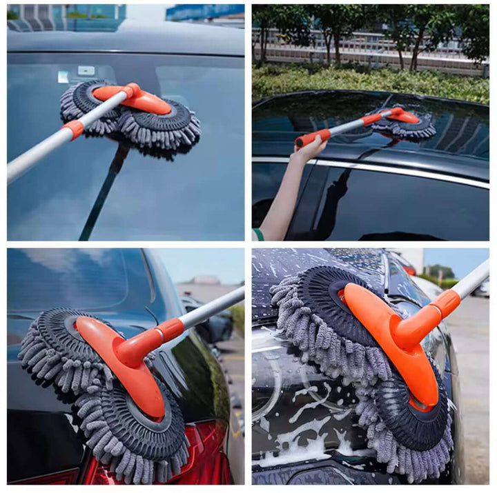 "Biltvättborste med teleskopiskt skaft och 180° roterande huvud, mjukt chenille-material för skonsam rengöring."