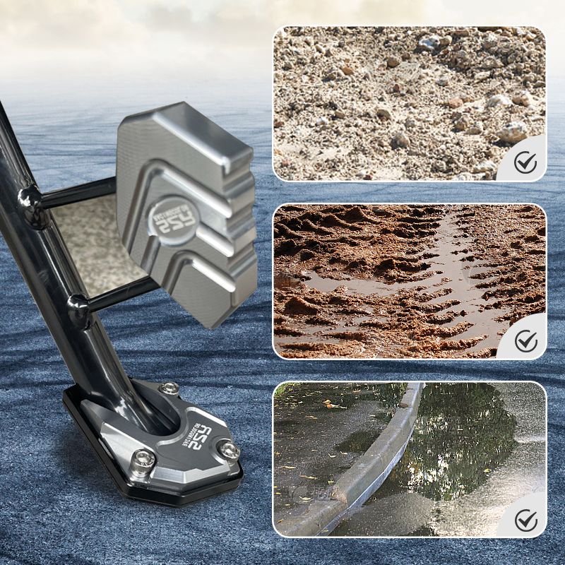 "Blå aluminium kickstand fotförlängare för motorcyklar, förstärker stabilitet på ojämn mark, minskar vältningsrisk."