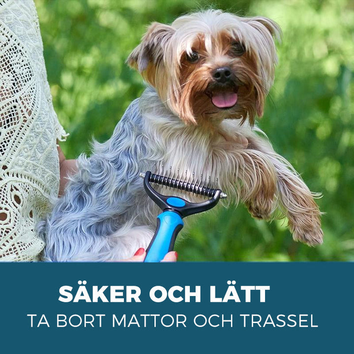 "Blå och rosa skötselborste för husdjur med rostfria stålblad, perfekt för katter och hundar med lång eller medelhårig päls."