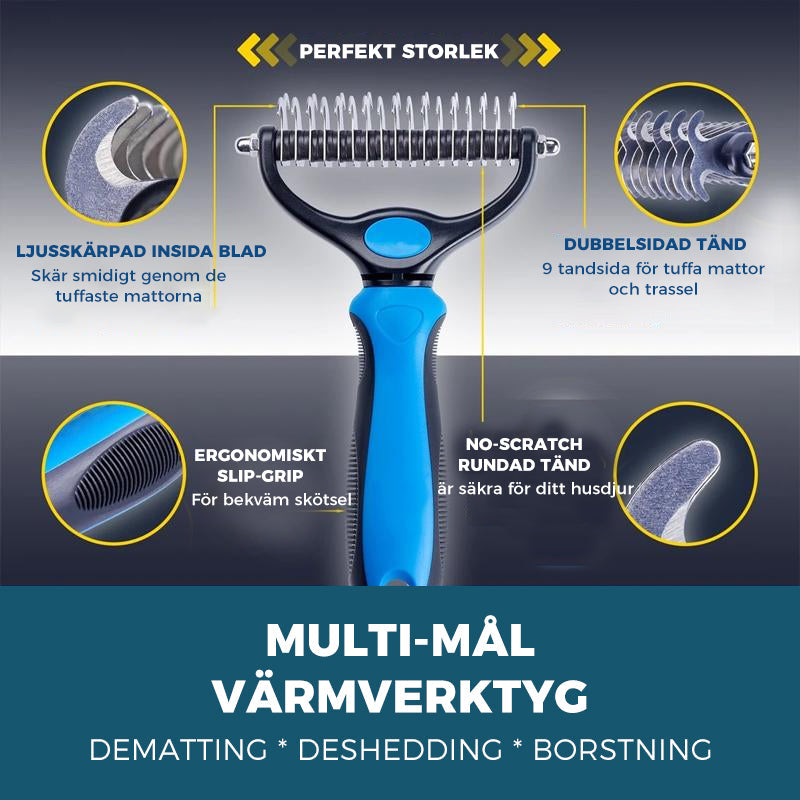 "Blå och rosa skötselborste för husdjur med rostfria stålblad, perfekt för katter och hundar med lång eller medelhårig päls."