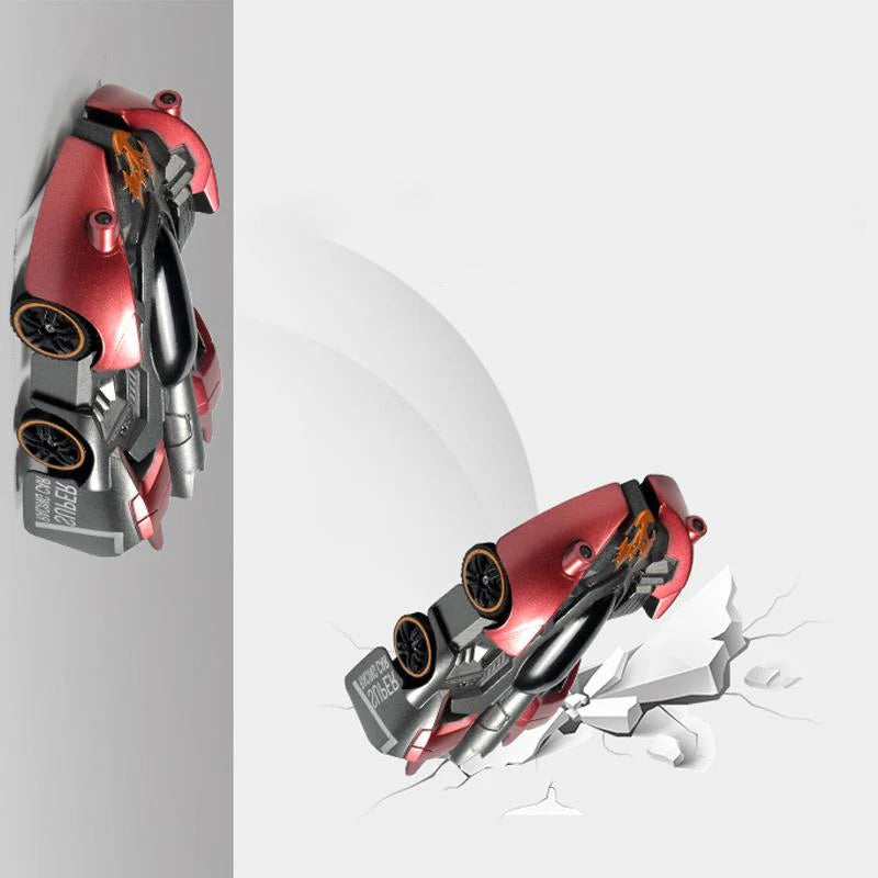 "Blå väggklättrande RC-stuntbil för barn, kör upp och ner, perfekt för äventyr på alla ytor med lång batteritid."