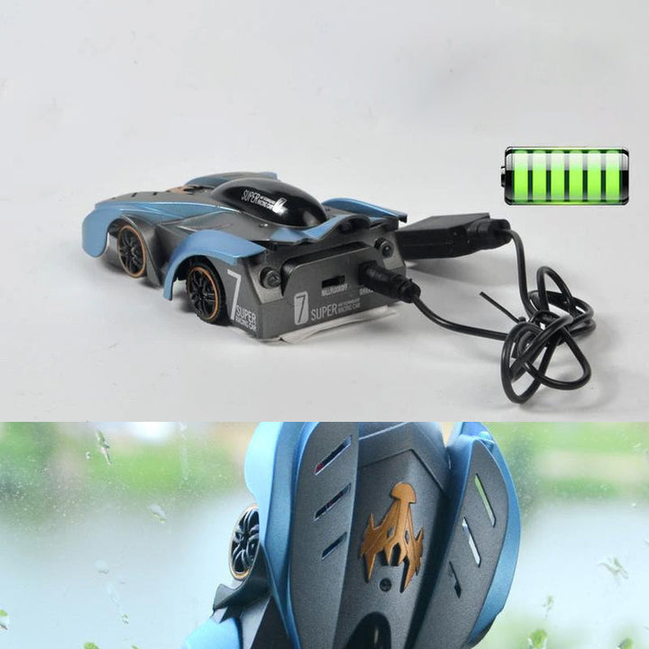 "Blå väggklättrande RC-stuntbil för barn, kör upp och ner, perfekt för äventyr på alla ytor med lång batteritid."