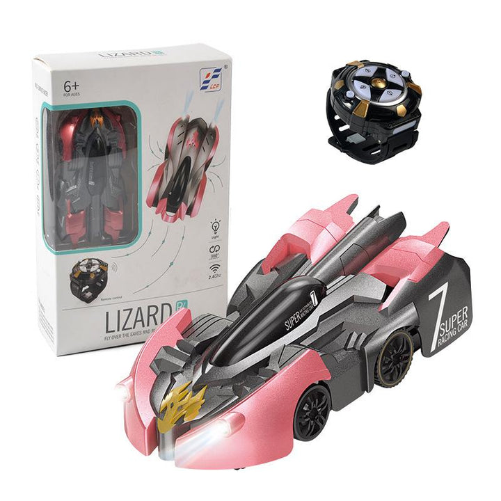 "Blå väggklättrande RC-stuntbil för barn, kör upp och ner, perfekt för äventyr på alla ytor med lång batteritid."