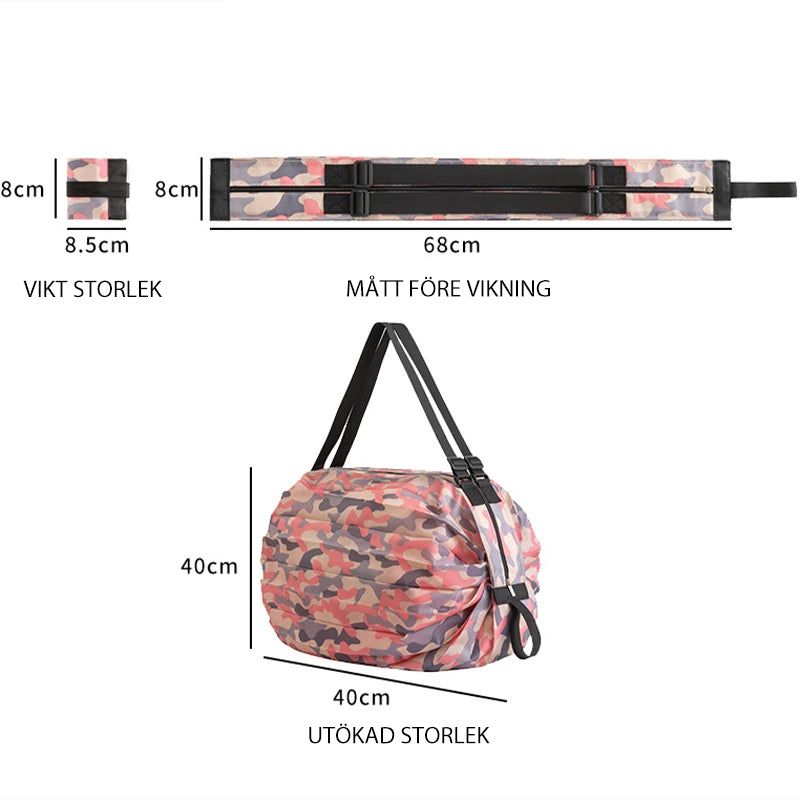 "Blå vikbar vattentät reseshoppingväska av nylon; lätt, rymlig och slitstark för dam och herr; perfekt för shopping."