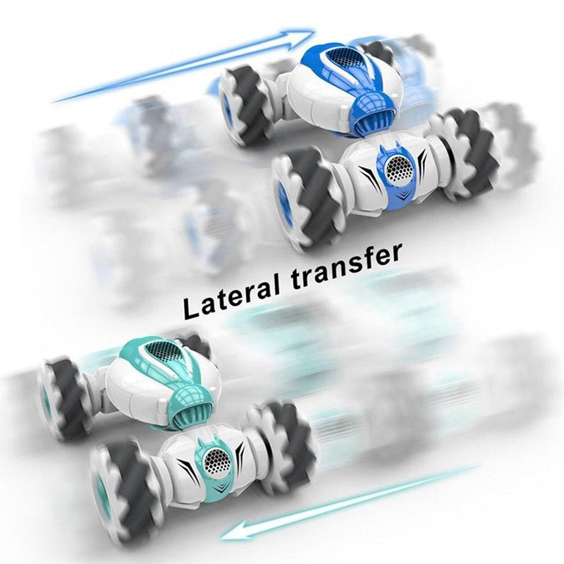 "Blågrön gestsensor bil med 360-grader stuntrotation, perfekt leksak för barn, innovativ och spännande design."