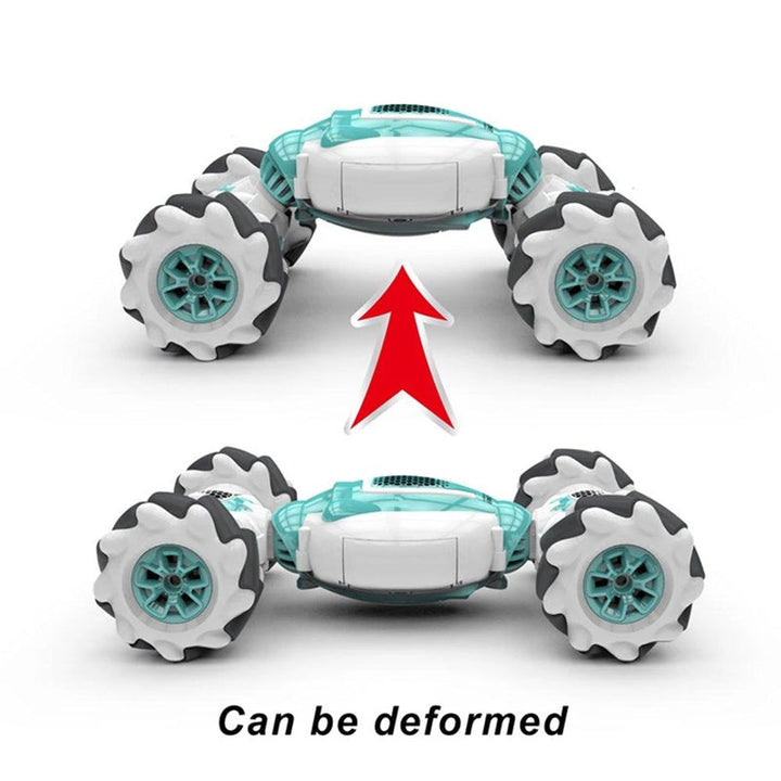 "Blågrön gestsensor bil med 360-grader stuntrotation, perfekt leksak för barn, innovativ och spännande design."