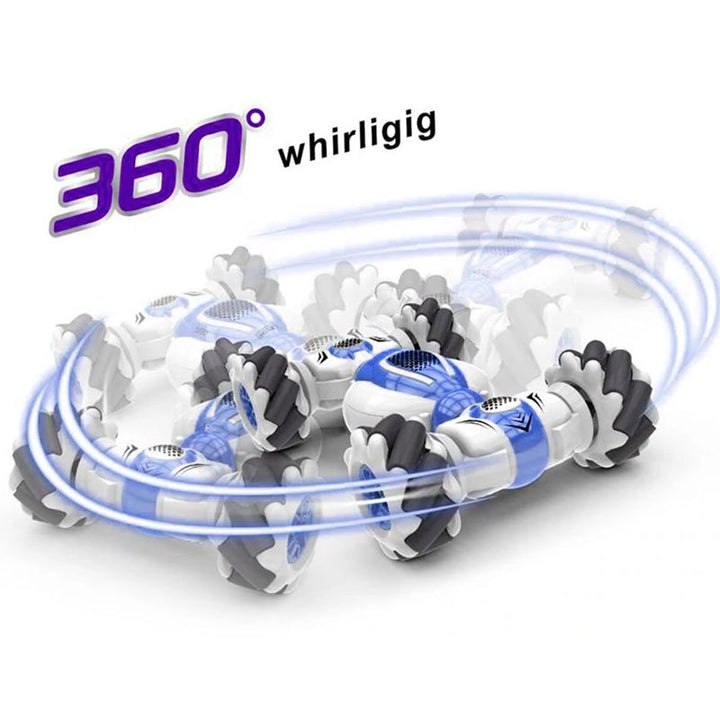 "Blågrön gestsensor bil med 360-grader stuntrotation, perfekt leksak för barn, innovativ och spännande design."