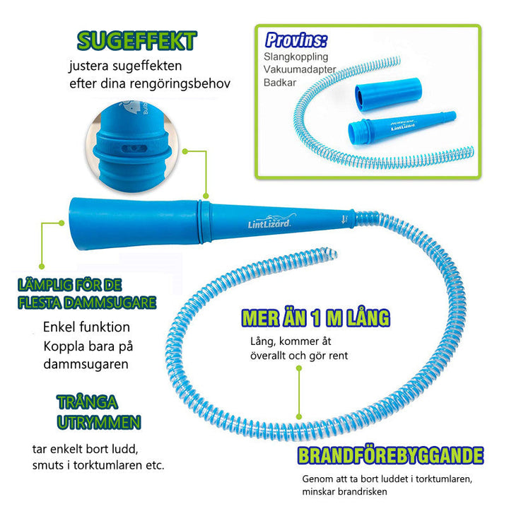 "Blått dammsugarmunstycke med flexibel 1-meters slang och suginställningar för rengöring av trånga och svåråtkomliga utrymmen