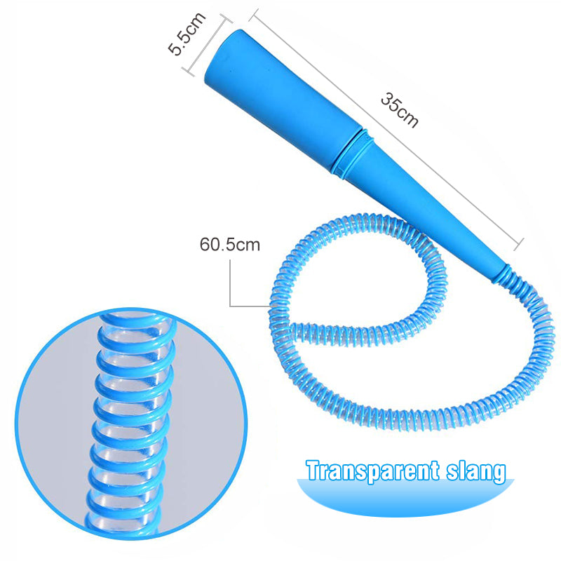 "Blått dammsugarmunstycke med flexibel 1-meters slang och suginställningar för rengöring av trånga och svåråtkomliga utrymmen