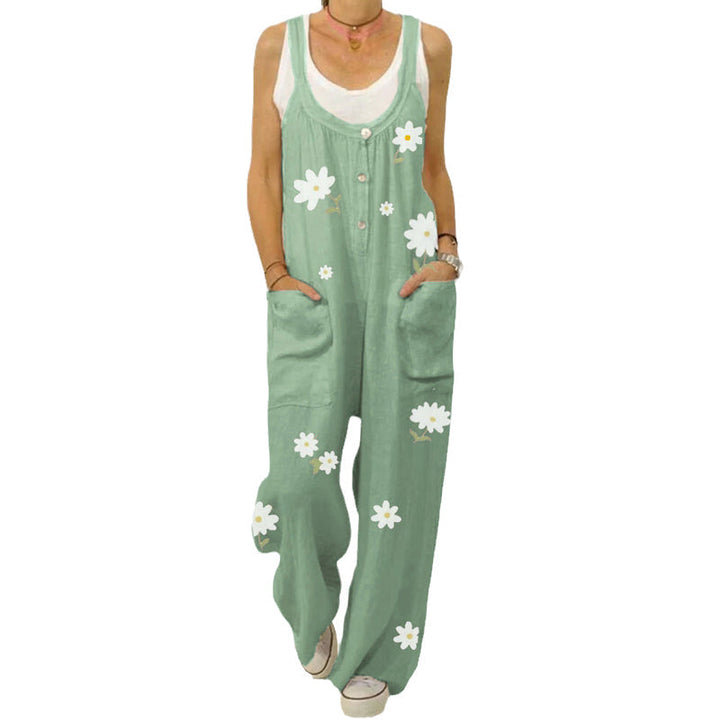 "Blommig jumpsuit för kvinnor med urban casual stil, mjukt tyg, raka byxben, grön och aprikos färg."