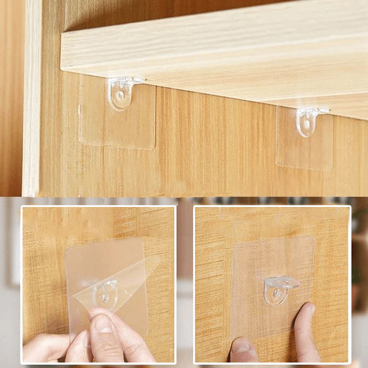 "Borrfri hyllstödspinne, L-formad, självhäftande, 10-pack, för flexibel möbelanpassning utan borrning, på trä och glas."