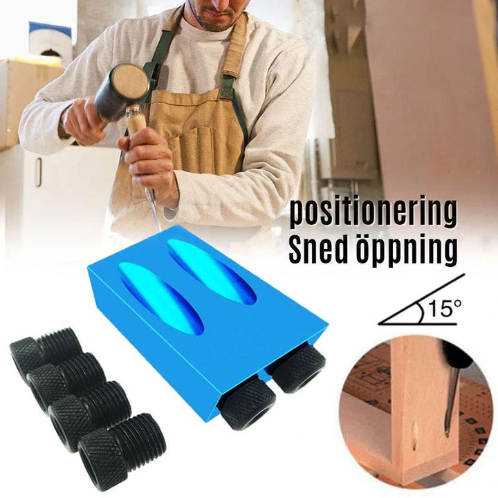 "Borrstöd i aluminium med 15° vinkel, perfekt för exakt träbearbetning, kompakt och hållbar design."