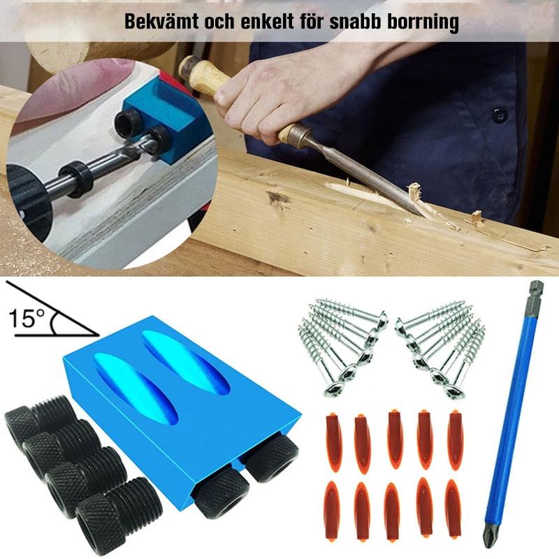 "Borrstöd i aluminium med 15° vinkel, perfekt för exakt träbearbetning, kompakt och hållbar design."