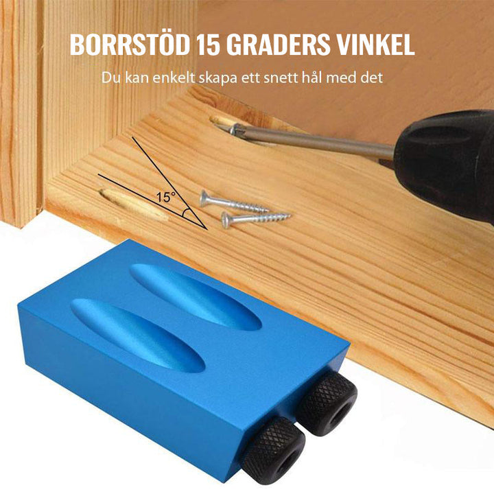 "Borrstöd i aluminium med 15° vinkel, perfekt för exakt träbearbetning, kompakt och hållbar design."