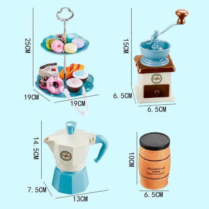 "Caféset för barn i blått, leksakskök med café- och bageritema, hållbar ABS-plast, säker och pedagogisk leksaksset."