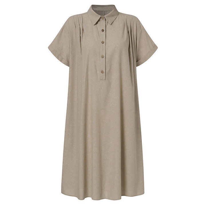 Casual dam skjortklänning i bomull-linne med fickor och V-ring, enfärgad design, perfekt för sommarens äventyr.