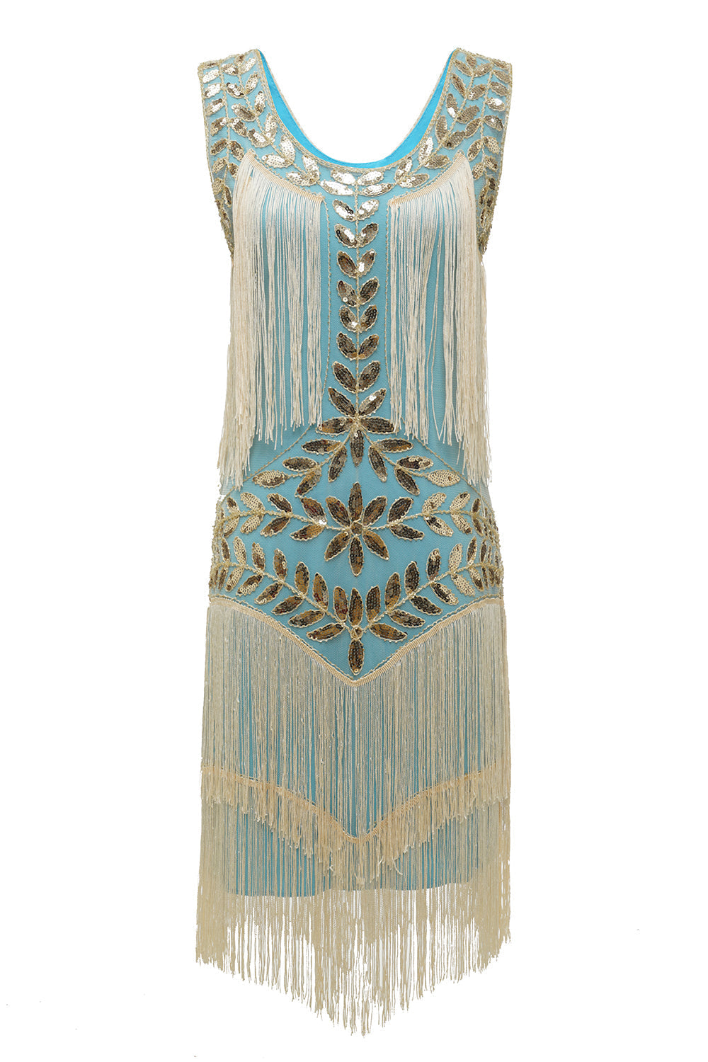 Champagnefärgad paljettklänning med fransar för fester; elegant design med gnistrande detaljer och mjuka rörelser.