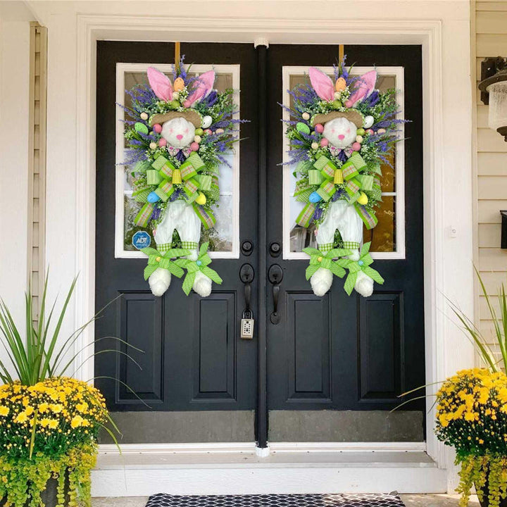 "Charmig påskhare krans i färgglad plast, lämplig för dörrar och trädgårdar. Påskdekoration för inomhus och utomhus."