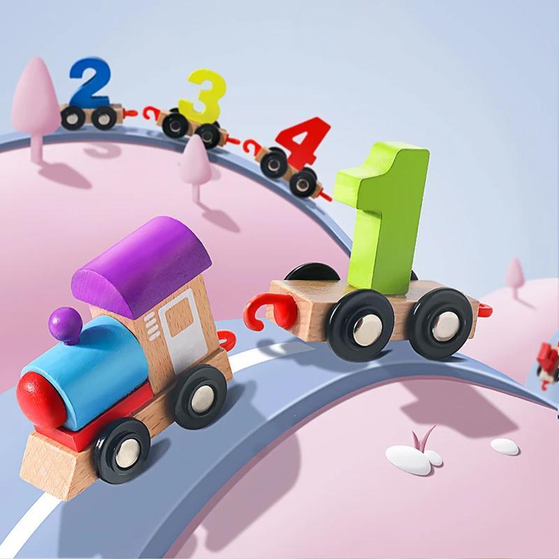Charmigt färgglatt träledningståg för barn; pedagogisk leksak med magnetiska vagnar, främjar motoriska färdigheter.