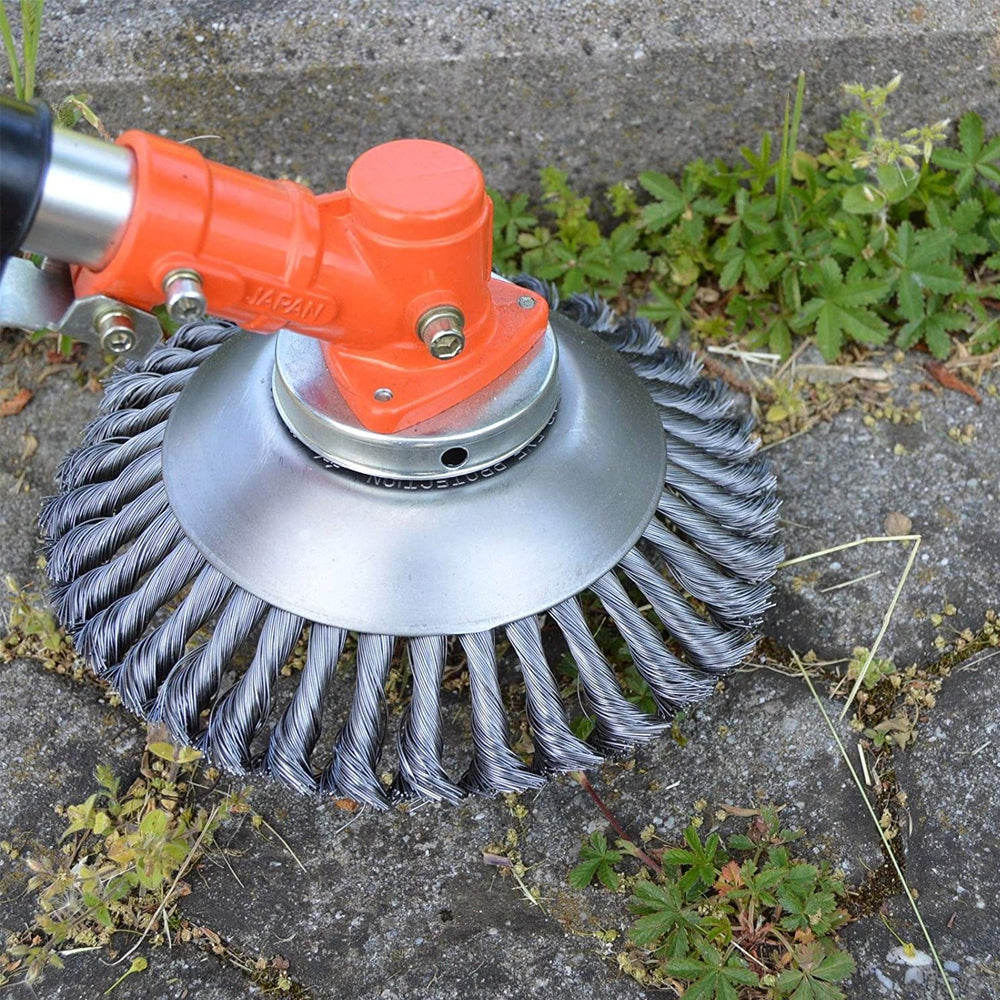 "Cirkulärborste i stål för grästrimmer; silverfärgad borst för effektiv ogräsborttagning, passar de flesta grästrimmers."