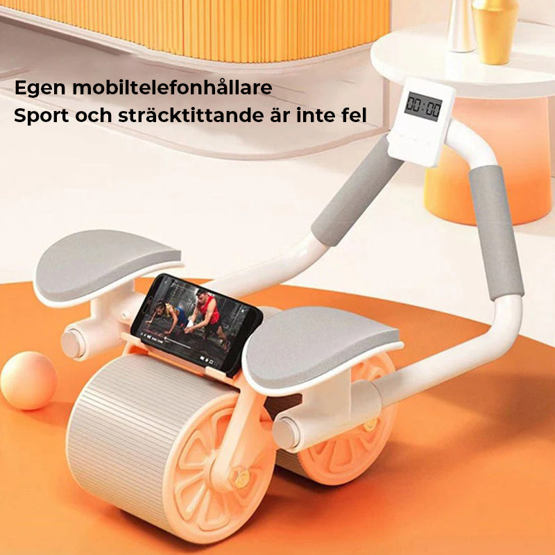 "Core Trainer plankrulle med EVA-skumhandtag och gummihjul för mångsidig träning. Perfekt för att förbättra stabilitet."
