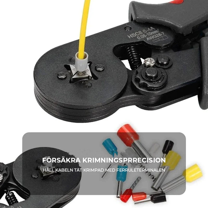 "Crimptång för elarbete med ergonomisk design, hög precision och robust konstruktion, perfekt för ledningsanslutning."