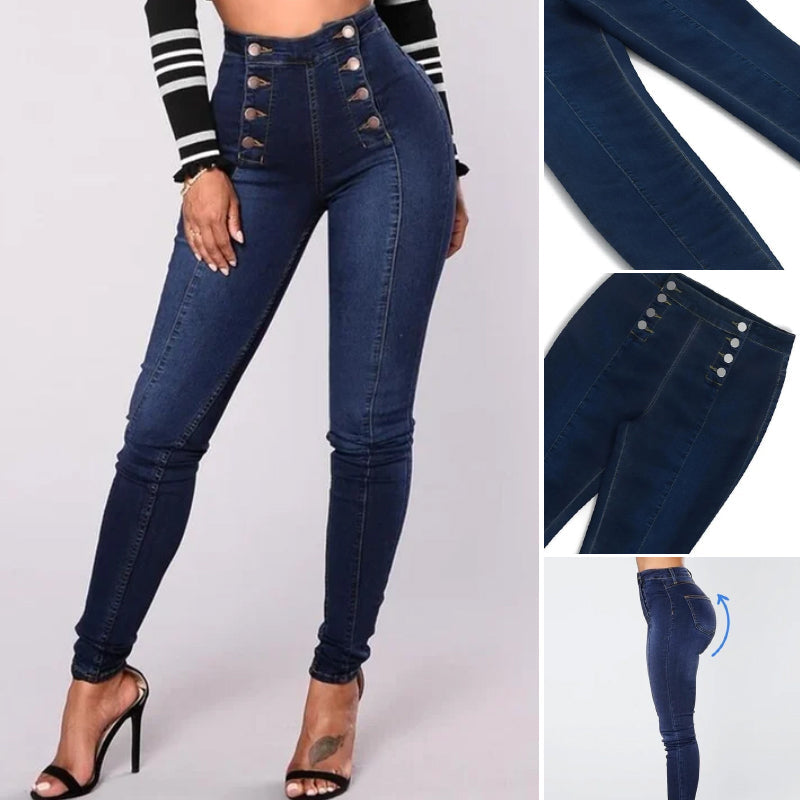 Dam skinny-jeans med hög midja i stretchigt denim, formande sömmar och böjt midjeband, blåfärgade framifrån.