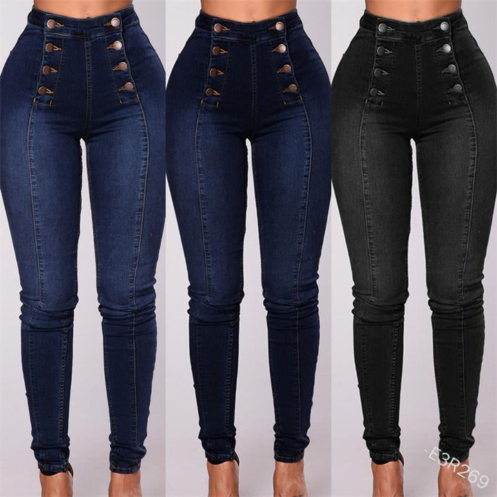 Dam skinny-jeans med hög midja i stretchigt denim, formande sömmar och böjt midjeband, blåfärgade framifrån.