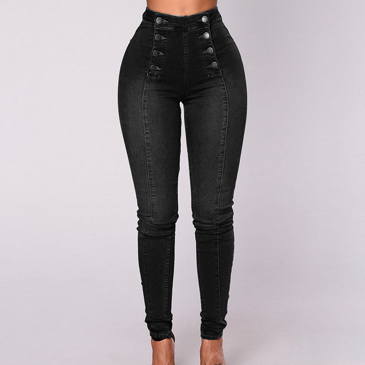 Dam skinny-jeans med hög midja i stretchigt denim, formande sömmar och böjt midjeband, blåfärgade framifrån.
