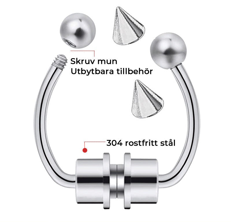 "Damer u-formad magnetisk näsring i titan, minimalistisk design, finns i svart, silver, roséguld, modern stil."