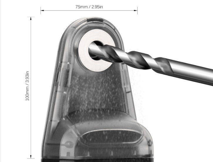 "Dammfångare med inbyggd lasernivå, svart och grå design, för exakt och dammfri borrning i byggprojekt."