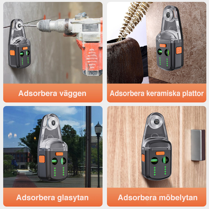 "Dammfångare med inbyggd lasernivå, svart och grå design, för exakt och dammfri borrning i byggprojekt."