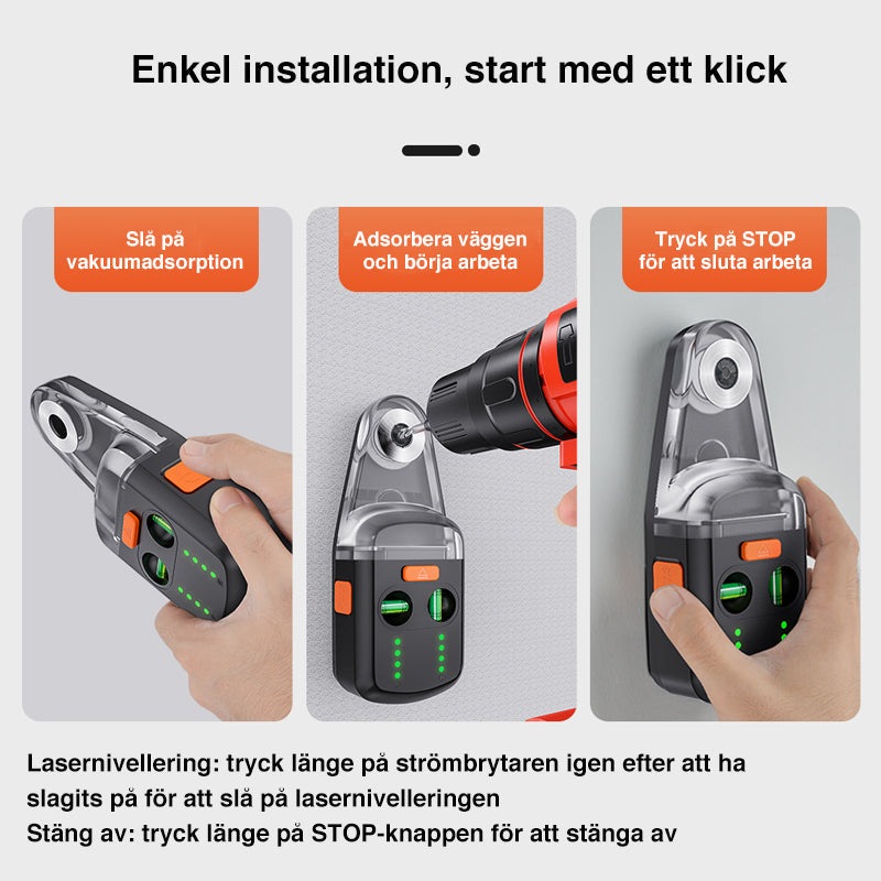 "Dammfångare med inbyggd lasernivå, svart och grå design, för exakt och dammfri borrning i byggprojekt."