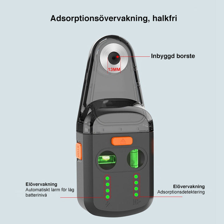 "Dammfångare med inbyggd lasernivå, svart och grå design, för exakt och dammfri borrning i byggprojekt."