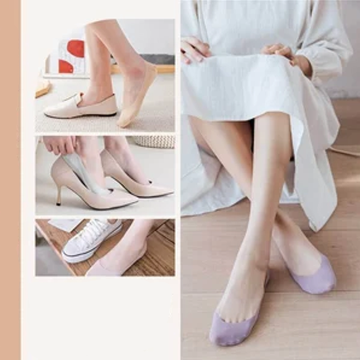 "Damsockor Ice Silk, halkfri design i is-silke, andas och osynlig, visad i svart och rosa färg, passande alla skor."