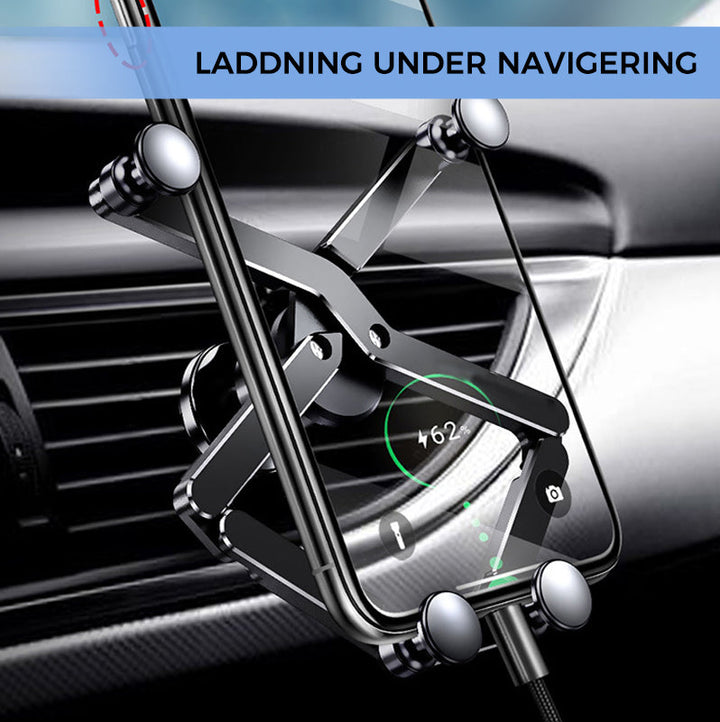 "Deformerande biltelefonhållare i svart, monterad i bilventilation, visar 360° rotation för enkel justering och sikt."