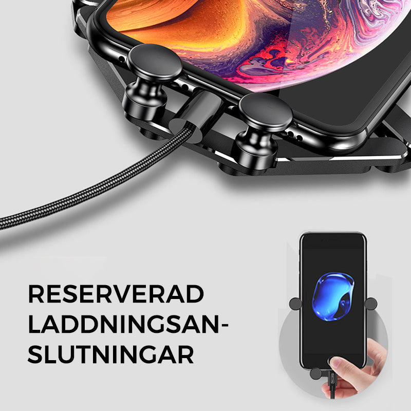 "Deformerande biltelefonhållare i svart, monterad i bilventilation, visar 360° rotation för enkel justering och sikt."