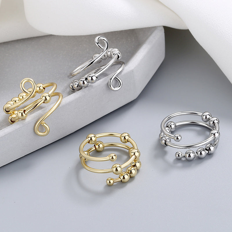 "Dekompressionsring för damer med dubbla pärlor, glittrande zirkon, sterling silver med platinaplätering, justerbar storlek."