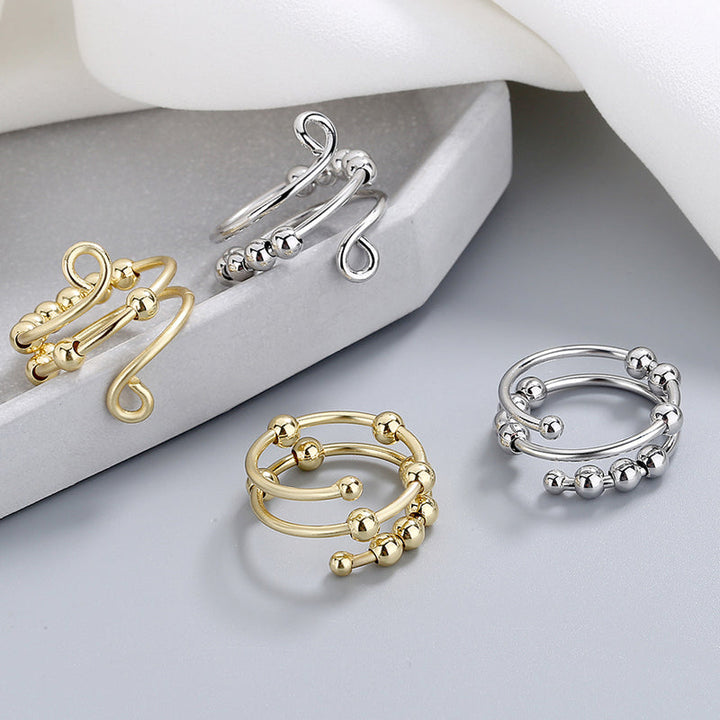 "Dekompressionsring för damer med dubbla pärlor, glittrande zirkon, sterling silver med platinaplätering, justerbar storlek."