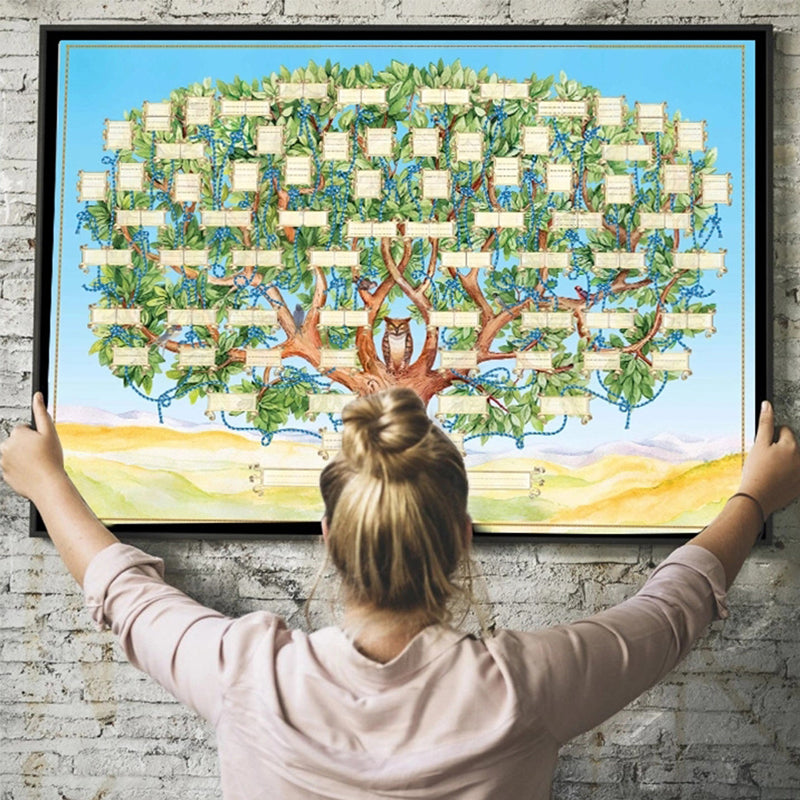 "Dekorativt släktträd i rustik duk, föreställer sex generationer, med grönt träd och uggla, perfekt för hemmet."