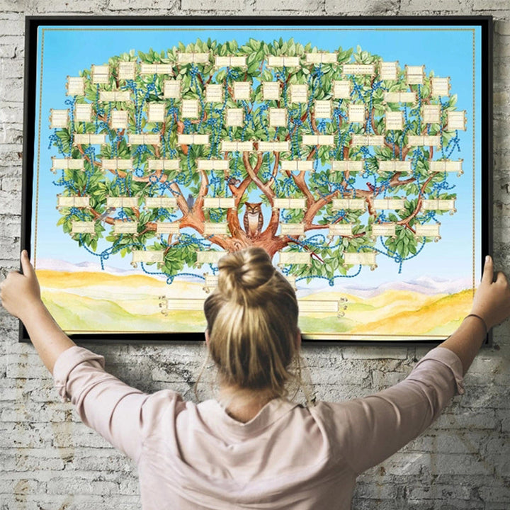 "Dekorativt släktträd i rustik duk, föreställer sex generationer, med grönt träd och uggla, perfekt för hemmet."