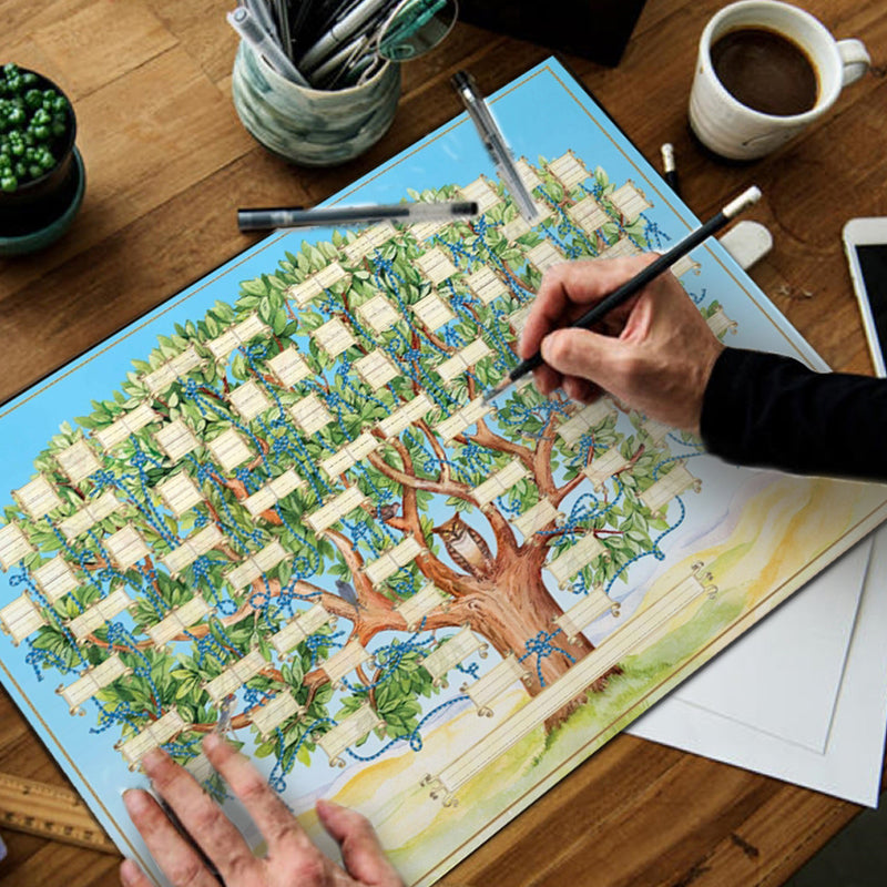 "Dekorativt släktträd i rustik duk, föreställer sex generationer, med grönt träd och uggla, perfekt för hemmet."