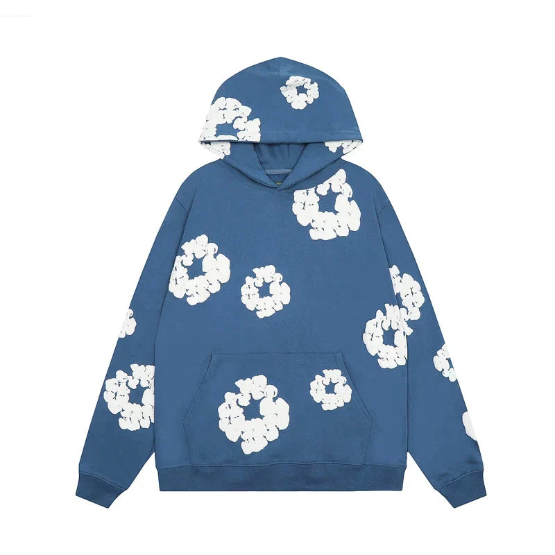 "Denim hoodie med blommönster för herrar, perfekt för vintern. Stilren och bekväm design för modern stil."