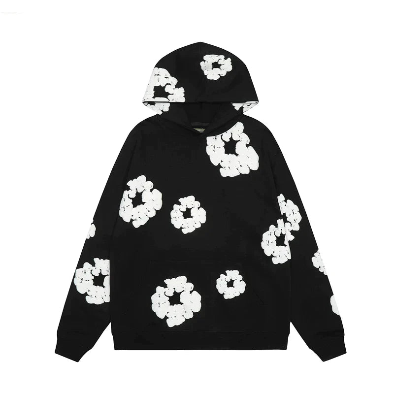 "Denim hoodie med blommönster för herrar, perfekt för vintern. Stilren och bekväm design för modern stil."