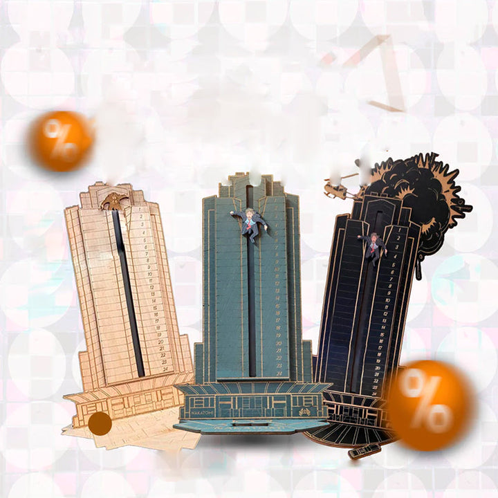 "Detaljerad trä Adventskalender med Die Hard-motiv, visar Hans Gruber faller från brunblå Nakatomi Plaza, roterbar design."