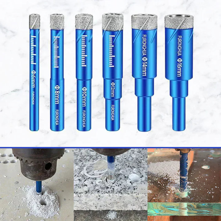 "Diamantsatta torra kakelborr för exakt borrning i kakel och glas, set med fem borr av varierande storlek i närbild."