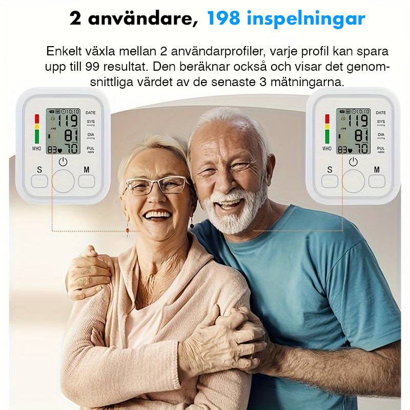 Digital blodtrycksmätare med stor LCD-skärm och minnesfunktion för 99 avläsningar, automatisk överarmstrycksmätare.