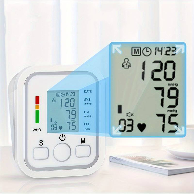 Digital blodtrycksmätare med stor LCD-skärm och minnesfunktion för 99 avläsningar, automatisk överarmstrycksmätare.
