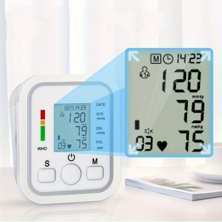 Digital blodtrycksmätare med stor LCD-skärm och minnesfunktion för 99 avläsningar, automatisk överarmstrycksmätare.
